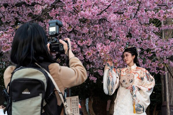 上野公園で早咲き桜の木の下でポーズをとる女性（東京都・台東区、14日） - Sputnik 日本