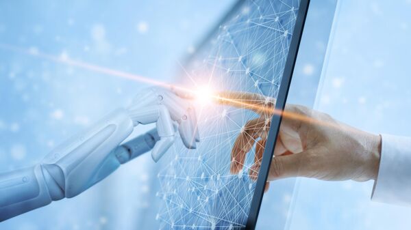 Руки робота и человека касаются глобального виртуального сетевого соединения будущего интерфейса - Sputnik 日本