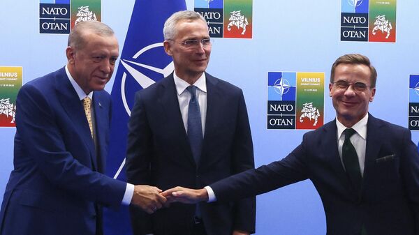 左からトルコのエルドアン大統領、NATOのストルテンベルグ事務総長、スウェーデンのクリスターソン首相 - Sputnik 日本