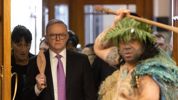歓迎式典でマオリ族の戦士に出迎えられるオーストラリアのアンソニー・アルバニージー首相（左） - Sputnik 日本