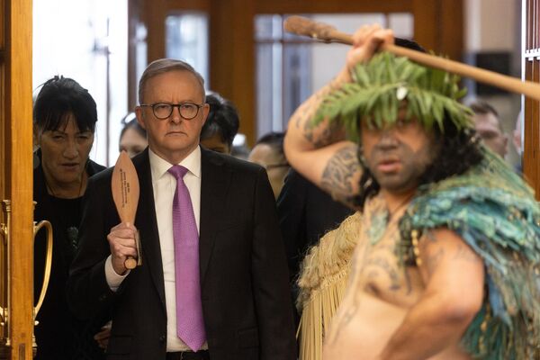 歓迎式典でマオリ族の戦士に出迎えられるオーストラリアのアンソニー・アルバニージー首相（左）、（ニュージーランド） - Sputnik 日本