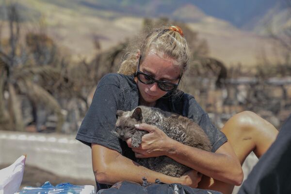 ラハイナで飼い猫を抱きかかえる女性（ハワイ州・11日） - Sputnik 日本