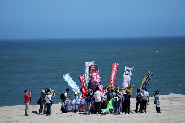 福島第一原発に向かって海岸で抗議する人々（福島県浪江町、24日） - Sputnik 日本
