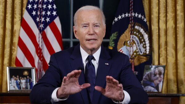 President Joe Biden speaks from the Oval Office of the White House Thursday, Oct. 19, 2023, in Washington, about the war in Israel and Ukraine. - Sputnik 日本