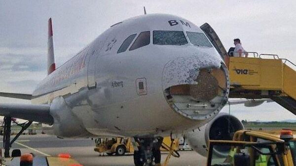 オーストリアの飛行機、雹に見舞われ機首の半分を失う  - Sputnik 日本