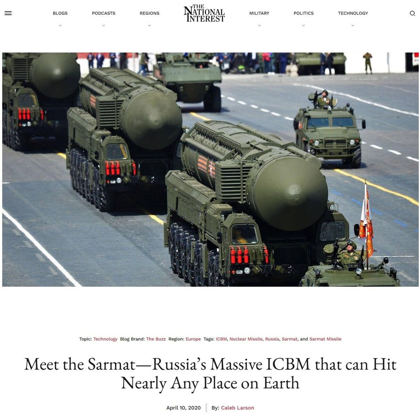 米軍事政治雑誌ナショナル・インタレストの記事「サルマトを知る:ロシアの巨大ICBM、地球上のほぼあらゆる場所を攻撃可能」からのスクリーンショット 米軍事政治雑誌ナショナル・インタレストの記事「サルマトを知る:ロシアの巨大ICBM、地球上のほぼあらゆる場所を攻撃可能」からのスクリーンショット - Sputnik 日本