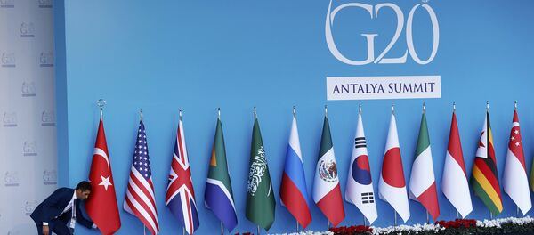 An official adjusts a Turkish national flag prior to the start of the G20 summit in Belek in the Mediterranean resort city of Antalya, Turkey, November 14, 2015 - Sputnik 日本