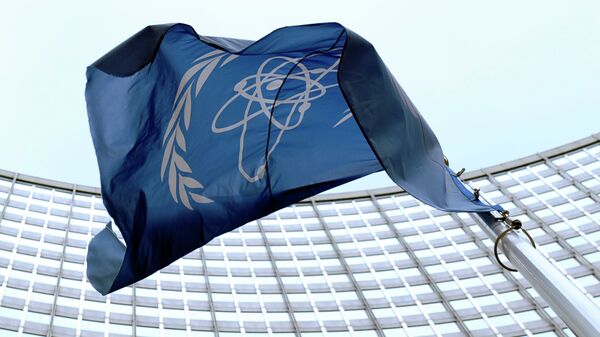 The flag of the International Atomic Energy Agency (IAEA) flies in front of the Vienna headquarters at the Vienna International Center, Friday, March 27, 2009 - Sputnik 日本
