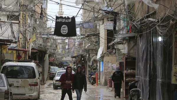 Youth walk under an Islamic State flag in Ain al-Hilweh Palestinian refugee camp, near the port-city of Sidon, southern Lebanon January 19, 2016 - Sputnik 日本