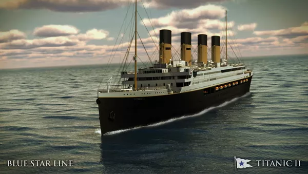 In this rendering provided by Blue Star Line, the Titanic II is shown cruising at sea. The ship, which Australian billionaire Clive Palmer is planning to build in China, is scheduled to sail in 2016