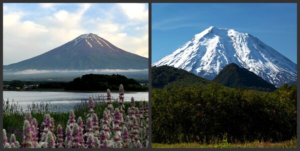 左：日本最大の山、富士山、そして河口湖。右：カムチャツカ火山自然公園のコリヤーク火山。 - Sputnik 日本