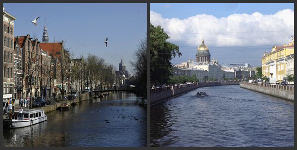左：アムステルダムの運河の一つ。右：モイカ運河から見たサンクトペテルブルクの聖イサク大聖堂。 - Sputnik 日本