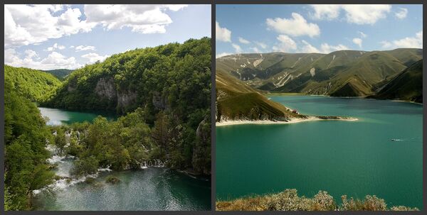 右：チェチェン（ロシア）のコゼノイアム湖。左：クロアチアのプリトヴィッツェ湖群国立公園。 - Sputnik 日本