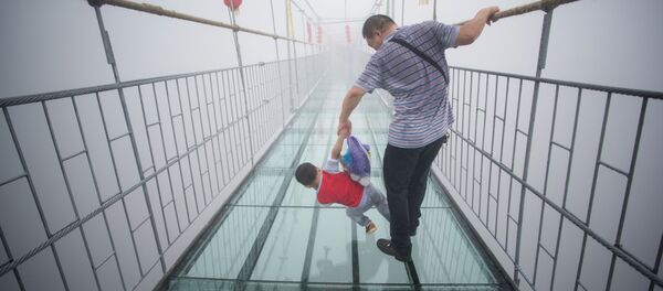 Мужчина с ребенком на стеклянном мосту в Китае - Sputnik 日本