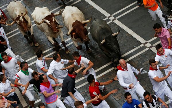 スペインの牛追い（サン-フェルミン）祭りに参加する人々。 - Sputnik 日本