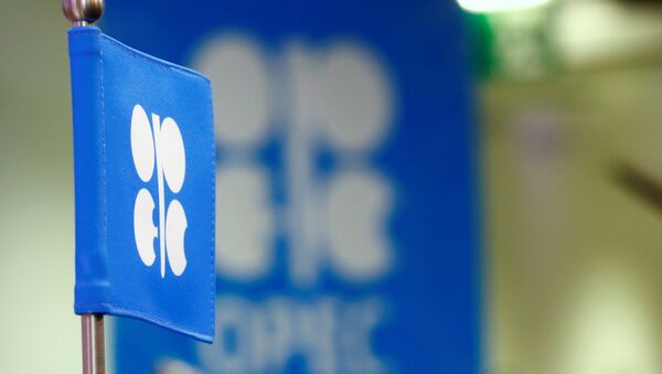 The OPEC flag and the OPEC logo are seen before a news conference in Vienna, Austria, October 24, 2016 - Sputnik 日本