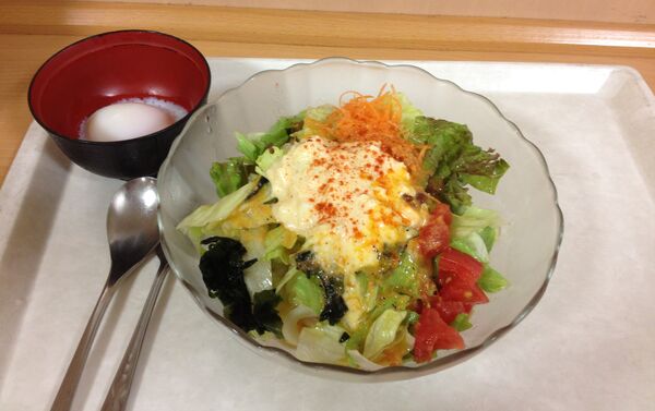 大学内の食堂の名物料理であるサラダうどんと温泉卵 大学内の食堂の名物料理であるサラダうどんと温泉卵 - Sputnik 日本