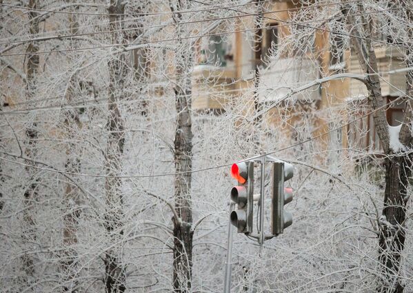 雪の積もった道路の信号、ロシア・オムスクで - Sputnik 日本