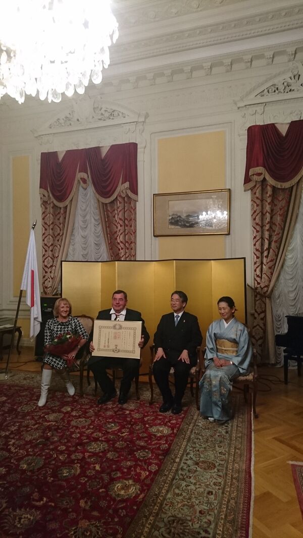 ワシリー・シェスタコフと駐ロシア日本国特命全権大使の上月豊久氏 ワシリー・シェスタコフと駐ロシア日本国特命全権大使の上月豊久氏 - Sputnik 日本