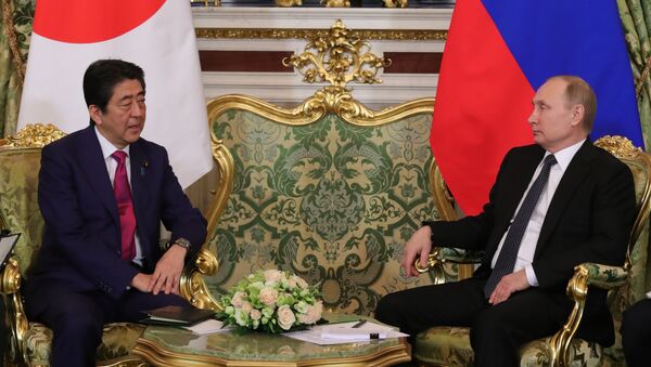 Президент РФ Владимир Путин и премьер-министр Японии Синдзо Абэ (слева) во время встречи. - Sputnik 日本