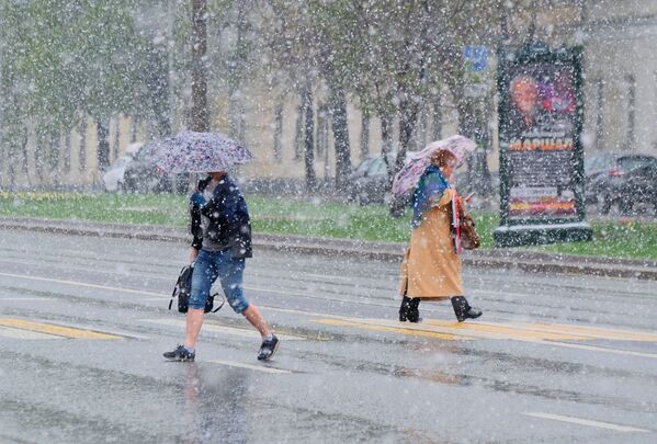 雪の降るモスクワで道路を横断する歩行者 - Sputnik 日本