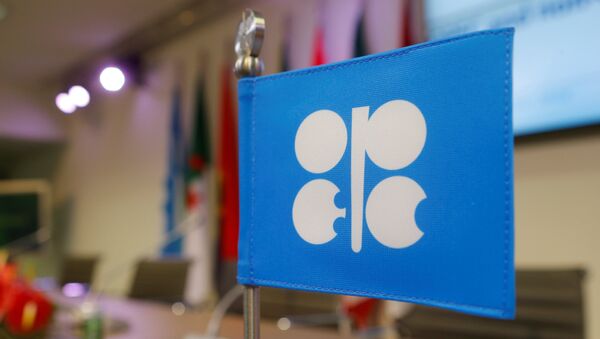 A flag with the Organization of the Petroleum Exporting Countries (OPEC) logo is seen before a news conference at OPEC's headquarters in Vienna, Austria, December 10, 2016 - Sputnik 日本