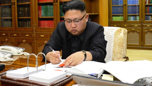 Лидер КНДР Ким Чен Ын во время подписания указа о запуске баллистической ракеты Hwasong-14 - Sputnik 日本
