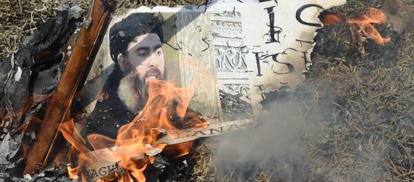 Сжигание плаката с изображением главаря террористической группировки ДАИШ Абу Бакр аль-Багдади. Архивное фото - Sputnik 日本