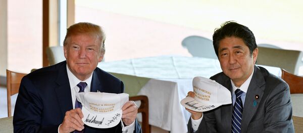 Президент США Дональд Трамп и премьер-министр Японии Синдзо Абэ во время встречи в Японии Президент США Дональд Трамп и премьер-министр Японии Синдзо Абэ во время встречи в Японии - Sputnik 日本