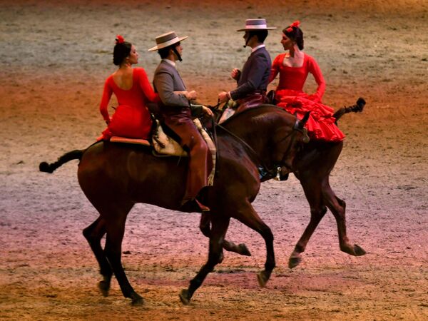 スペインの「Cordoba Ecuestre」グループのアーティストらがハンガリーのパップ・ラズロ・ブダペスト・スポーツアリーナでアンダルシア馬による乗馬ショーに出演 - Sputnik 日本