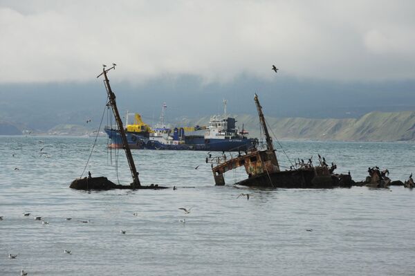 クナシル島のユジノ・クリリスク港沖に沈む船 - Sputnik 日本