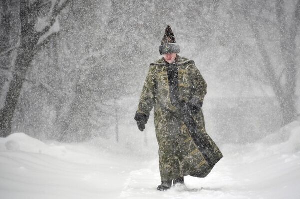 雪の中を歩く、昔の衣装を着た若い男性　モスクワの自然博物館「コローメンスコエ」 - Sputnik 日本