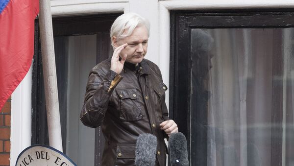Сооснователь WikiLeaks Джулиан Ассанж на балконе здания посольства Эквадора в Лондоне  - Sputnik 日本