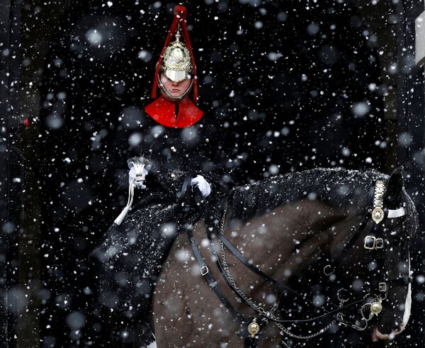 ロンドンで行われた王室騎兵隊パレードに、雪が降る中で参加する近衛兵 - Sputnik 日本