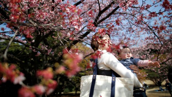 Женщина с ребенком под цветующей сакурой в Токио, Япония - Sputnik 日本
