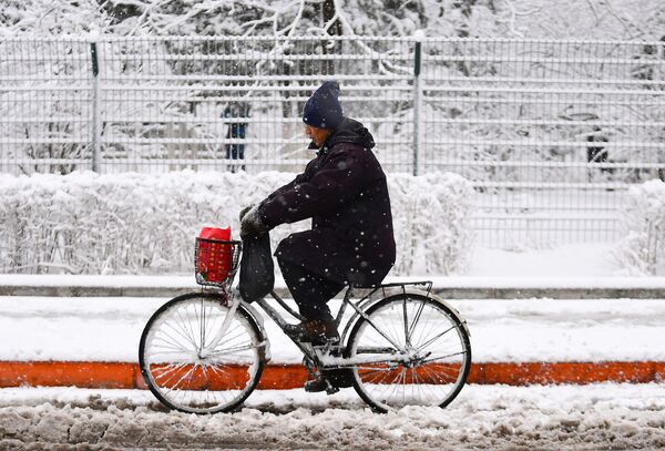 雪の積もる町を自転車で走る男性　中国、瀋陽市 - Sputnik 日本