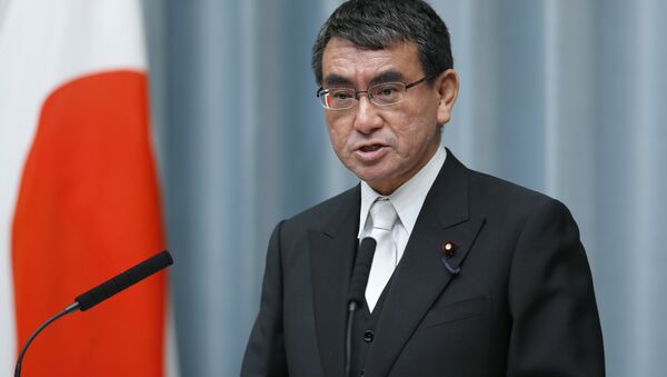 In this Aug. 3, 2017 file photo, Japan's Foreign Minister Taro Kono speaks during a press conference at the prime minister's official residence in Tokyo - Sputnik 日本