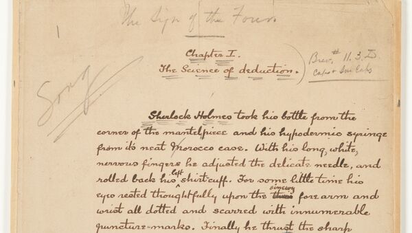 Страница рукописи Конана Дойля представленная на выставке о Шерлоке Холмсе в Музее Лондона - Sputnik 日本