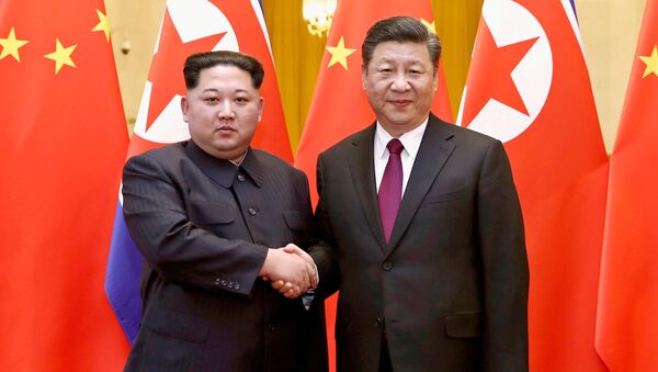 Лидер КНДР Ким Чен Ын с президентом Китая Си Цзиньпином. Архивное фото - Sputnik 日本