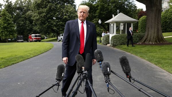 Президент США Дональд Трамп подходит к микрофонам для общения с прессой у Белого дома в Вашингтоне - Sputnik 日本