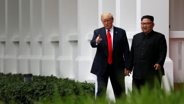 El presidente de EEUU, Donald Trump y el líder norcoreano Kim Jong-un - Sputnik 日本