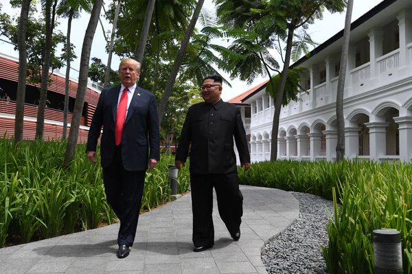 シンガポールで行われた米朝首脳会談での金正恩朝鮮労働党委員長とトランプ大統領 - Sputnik 日本