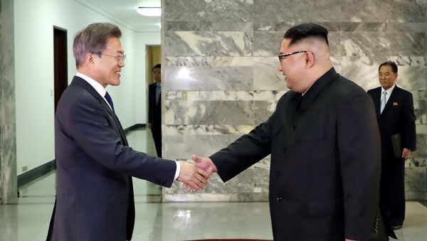 Presidente de Corea del Sur, Moon Jae-in, y líder de Corea del Norte, Kim Jong-un - Sputnik 日本