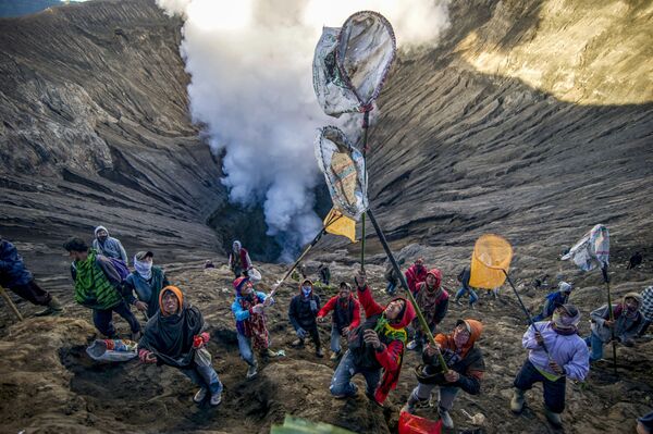 ブロモ山の火口にテンガル族が投げ入れる供物をとる準備をする人々。インドネシア - Sputnik 日本