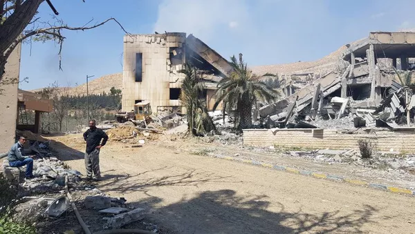 Aftermath of attack on the Barzah scientific research center near Damascus, April 14, 2018
