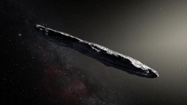 This artist’s impression shows the first interstellar asteroid: 'Oumuamua. This unique object was discovered on 19 October 2017 by the Pan-STARRS 1 telescope in Hawai`i. - Sputnik 日本