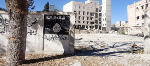 Флаг ДАИШ, нарисованный на стене в сирийском городе Манбидж Флаг ДАИШ, нарисованный на стене в сирийском городе Манбидж - Sputnik 日本