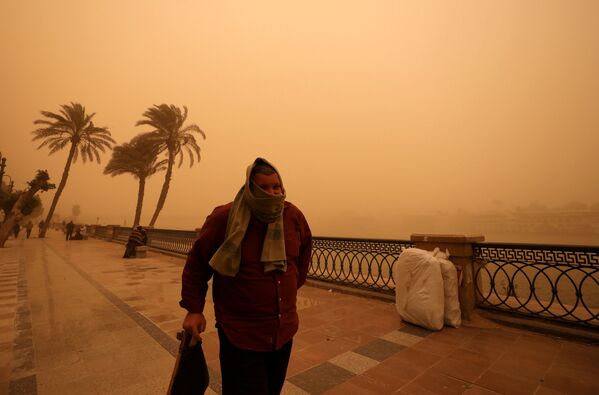 砂嵐のなかカイロを歩く男性。エジプト - Sputnik 日本