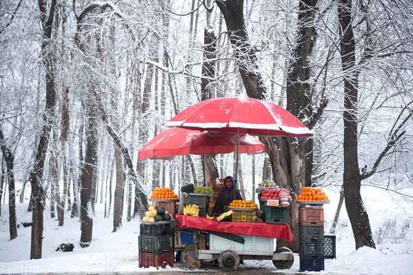 降雪中に客を待つフルーツ売り。インド - Sputnik 日本