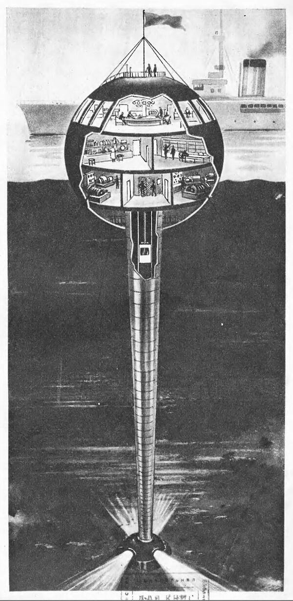 雑誌掲載の巨大海底エレベータ「バティスタト」のイラスト。１９３８年 - Sputnik 日本